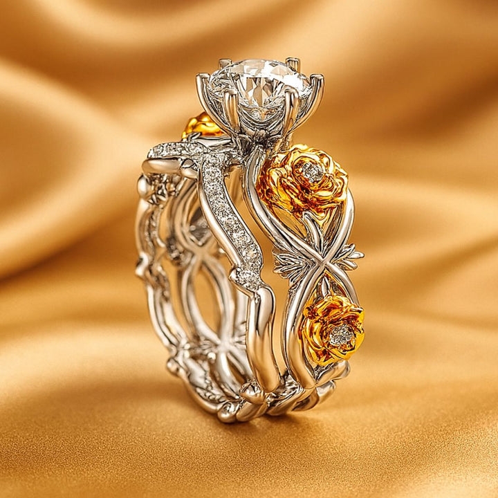 My Angel Rings by CouplesChoices.com—exquisite rose-gold floral detailing, diamond-studded elegance, and sculpted bands that celebrate love as rare and eternal as your bond.
