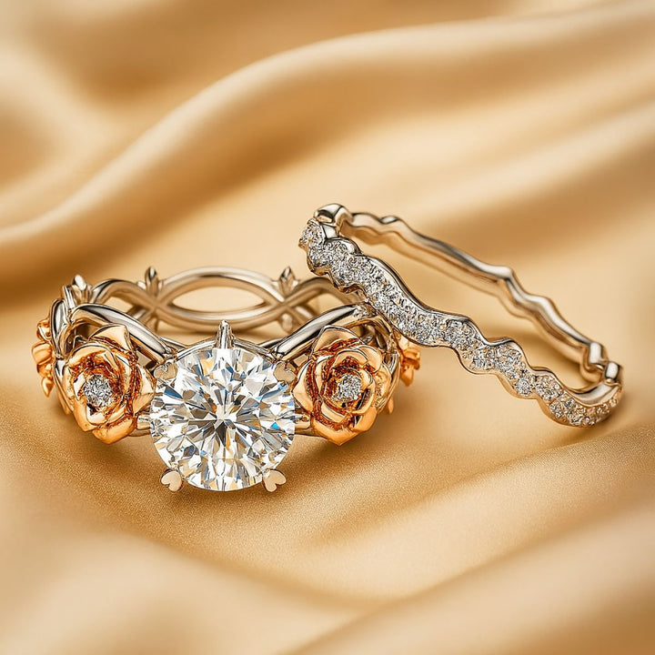 My Angel Rings by CouplesChoices.com—exquisite rose-gold floral detailing, diamond-studded elegance, and sculpted bands that celebrate love as rare and eternal as your bond.