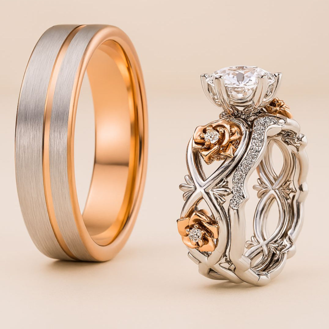 My Angel Rings by CouplesChoices.com—exquisite rose-gold floral detailing, diamond-studded elegance, and sculpted bands that celebrate love as rare and eternal as your bond.