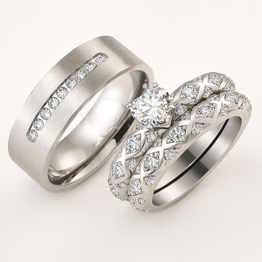 My Soulmate Rings by CouplesChoices.com—contemporary silver-toned wedding sets with geometric diamond latticework and a striking heart-cut centerpiece, embodying deep connection and bold elegance.