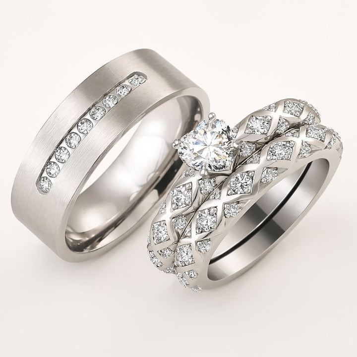 My Soulmate Rings by CouplesChoices.com—contemporary silver-toned wedding sets with geometric diamond latticework and a striking heart-cut centerpiece, embodying deep connection and bold elegance.