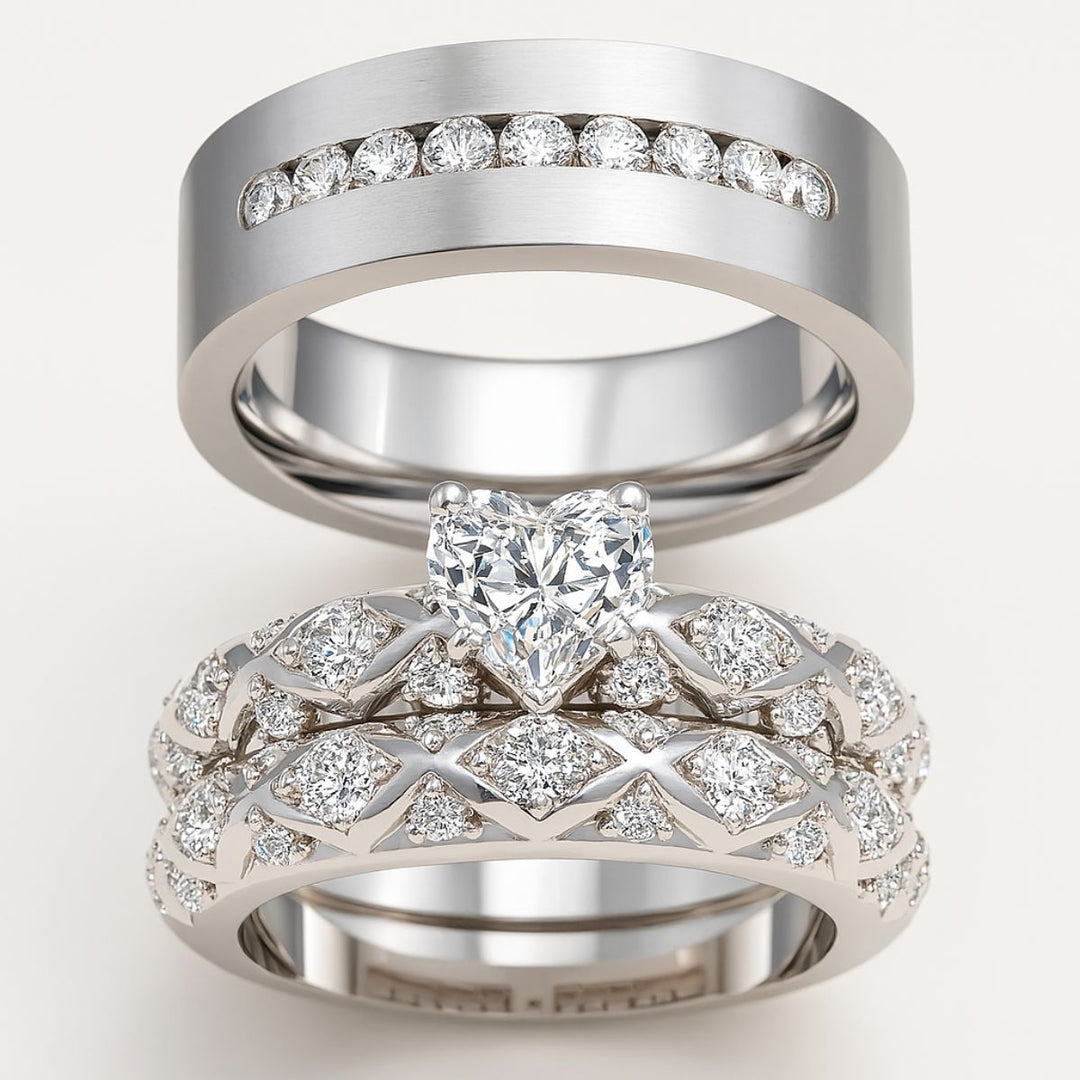 My Soulmate Rings by CouplesChoices.com—contemporary silver-toned wedding sets with geometric diamond latticework and a striking heart-cut centerpiece, embodying deep connection and bold elegance.