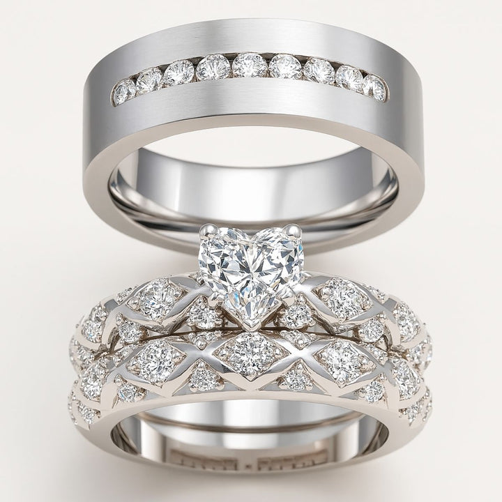 My Soulmate Rings by CouplesChoices.com—contemporary silver-toned wedding sets with geometric diamond latticework and a striking heart-cut centerpiece, embodying deep connection and bold elegance.