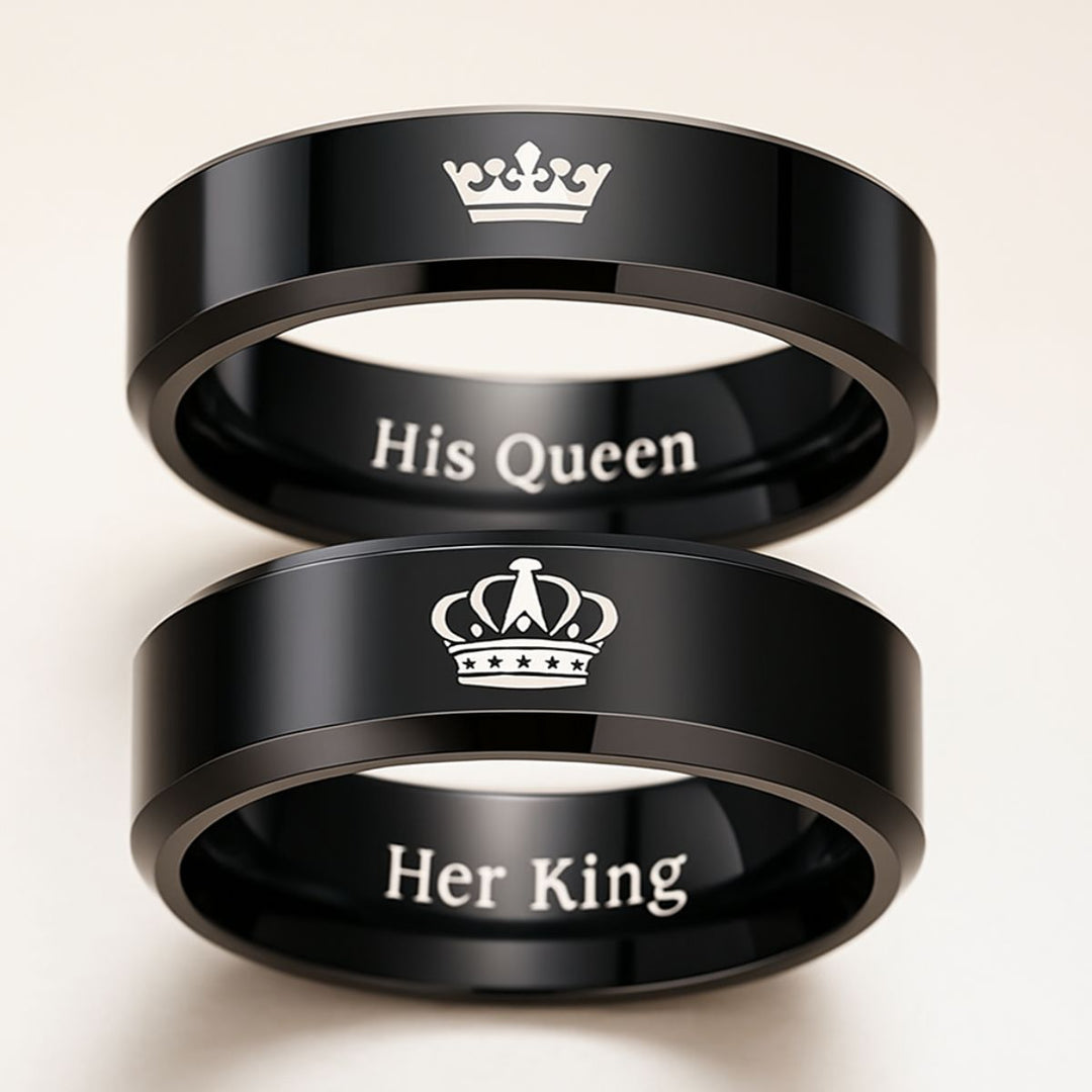 Night Rings by CouplesChoices.com feature polished black bands with regal crown engravings and inner “Her King” & “His Queen” inscriptions—crafted for couples who rule each other’s hearts with unmatched elegance and unwavering connection.