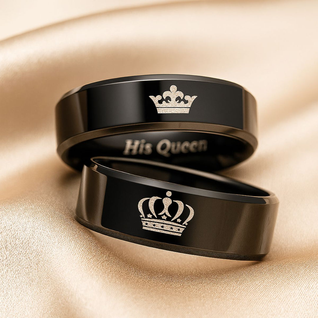 Night Rings by CouplesChoices.com feature polished black bands with regal crown engravings and inner “Her King” & “His Queen” inscriptions—crafted for couples who rule each other’s hearts with unmatched elegance and unwavering connection.