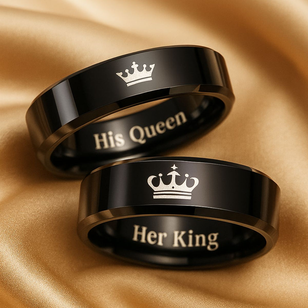 Night Rings by CouplesChoices.com feature polished black bands with regal crown engravings and inner “Her King” & “His Queen” inscriptions—crafted for couples who rule each other’s hearts with unmatched elegance and unwavering connection.