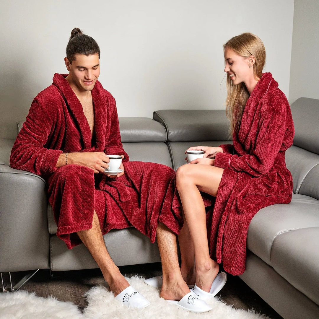 Plush deep red “King” and “Queen” couple’s bathrobes from CouplesChoices.com, featuring gold embroidered crowns and lettering—romantic, regal loungewear designed for cozy elegance and timeless couple style.