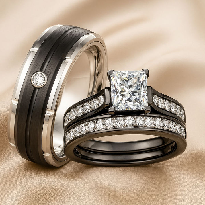 Promise Me Ring Set by CouplesChoices.com with a princess-cut center stone on a black pavé ring, paired with a brushed silver men’s band featuring a bezel-set diamond—crafted to honor enduring loyalty and modern style.
