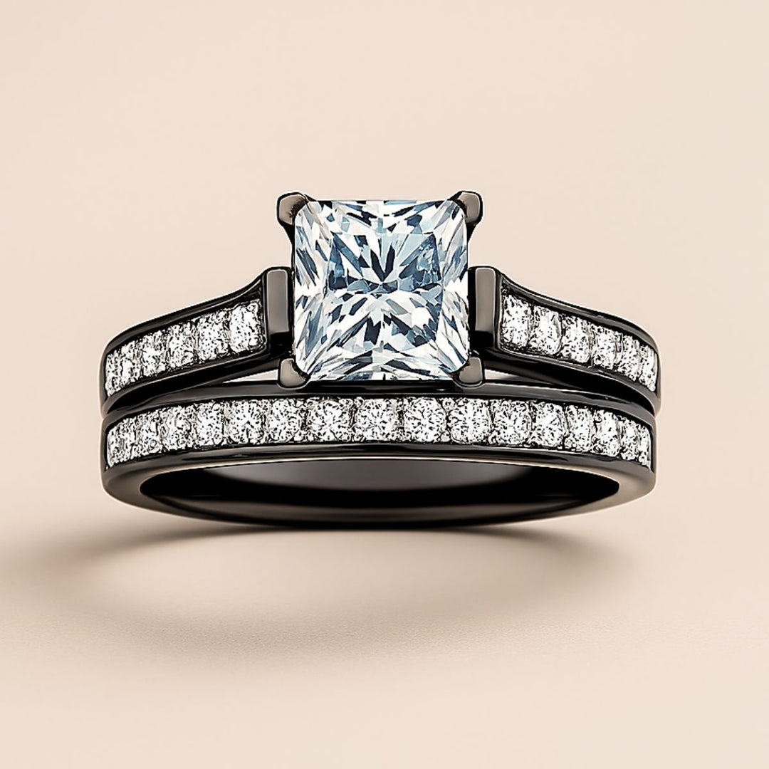 Promise Me Ring Set by CouplesChoices.com with a princess-cut center stone on a black pavé ring, paired with a brushed silver men’s band featuring a bezel-set diamond—crafted to honor enduring loyalty and modern style.