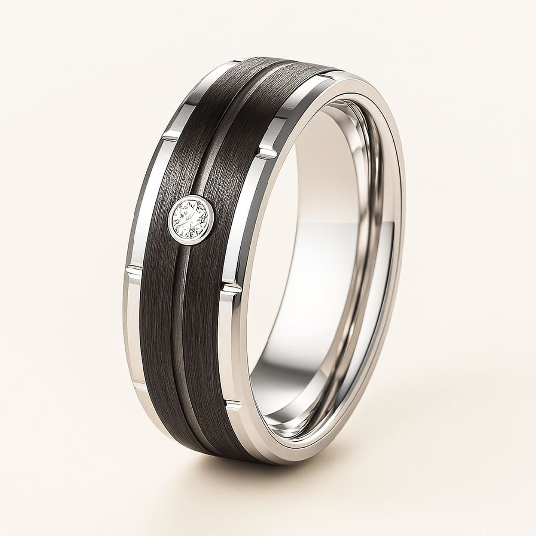 Promise Me Ring Set by CouplesChoices.com with a princess-cut center stone on a black pavé ring, paired with a brushed silver men’s band featuring a bezel-set diamond—crafted to honor enduring loyalty and modern style.