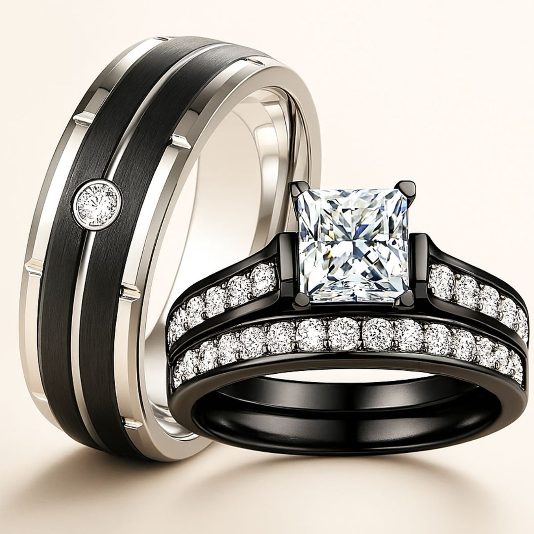 Promise Me Ring Set by CouplesChoices.com with a princess-cut center stone on a black pavé ring, paired with a brushed silver men’s band featuring a bezel-set diamond—crafted to honor enduring loyalty and modern style.