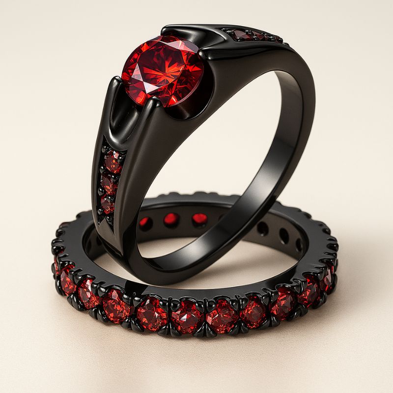 Red Beauty ring set from CouplesChoices.com, featuring a bold black engagement ring with red round-cut center stone and pavé red side stones, paired with a matching eternity band and a black tungsten men’s ring with engraved red Celtic inlay.