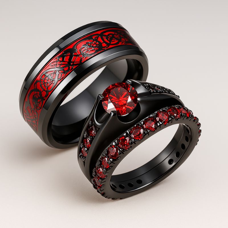 Red Beauty ring set from CouplesChoices.com, featuring a bold black engagement ring with red round-cut center stone and pavé red side stones, paired with a matching eternity band and a black tungsten men’s ring with engraved red Celtic inlay.