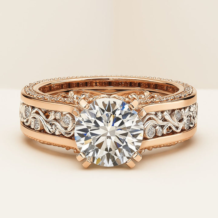 Refined wedding ring duo with brushed tungsten men's band and ornate rose gold women’s engagement ring adorned with vintage filigree and diamonds – CouplesChoices.com Pure Love Set