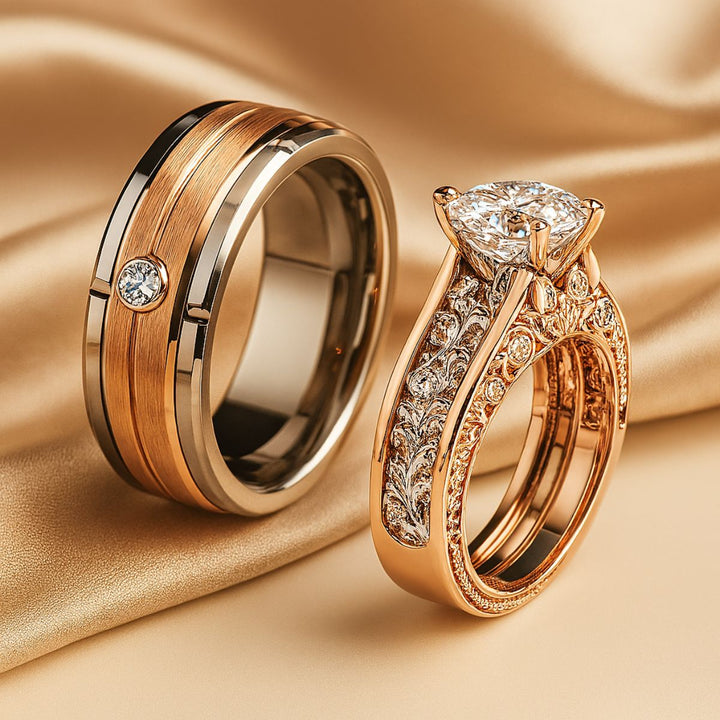 Refined wedding ring duo with brushed tungsten men's band and ornate rose gold women’s engagement ring adorned with vintage filigree and diamonds – CouplesChoices.com Pure Love Set