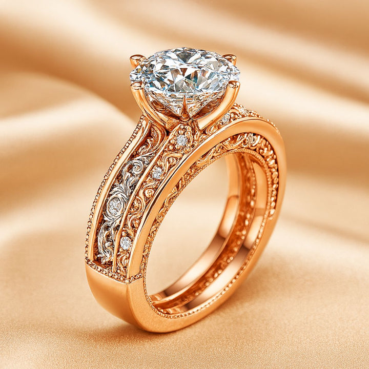 Refined wedding ring duo with brushed tungsten men's band and ornate rose gold women’s engagement ring adorned with vintage filigree and diamonds – CouplesChoices.com Pure Love Set