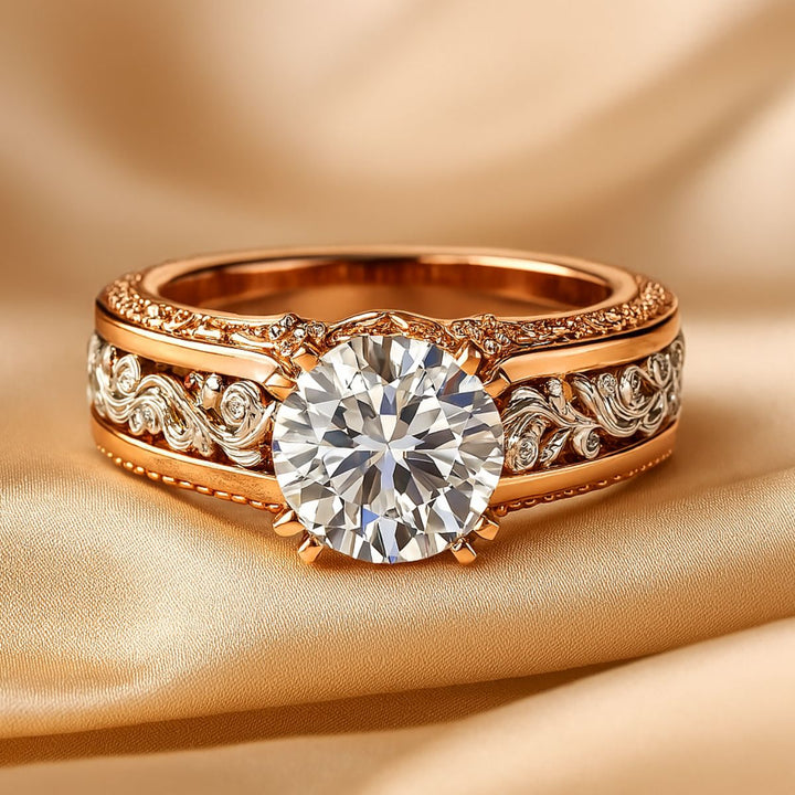 Refined wedding ring duo with brushed tungsten men's band and ornate rose gold women’s engagement ring adorned with vintage filigree and diamonds – CouplesChoices.com Pure Love Set