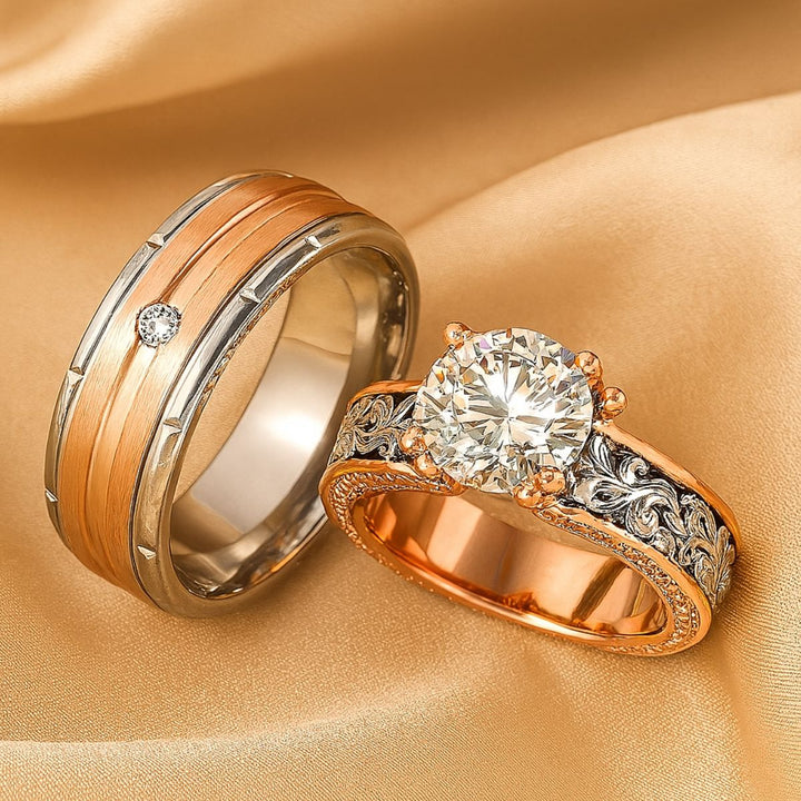 Refined wedding ring duo with brushed tungsten men's band and ornate rose gold women’s engagement ring adorned with vintage filigree and diamonds – CouplesChoices.com Pure Love Set