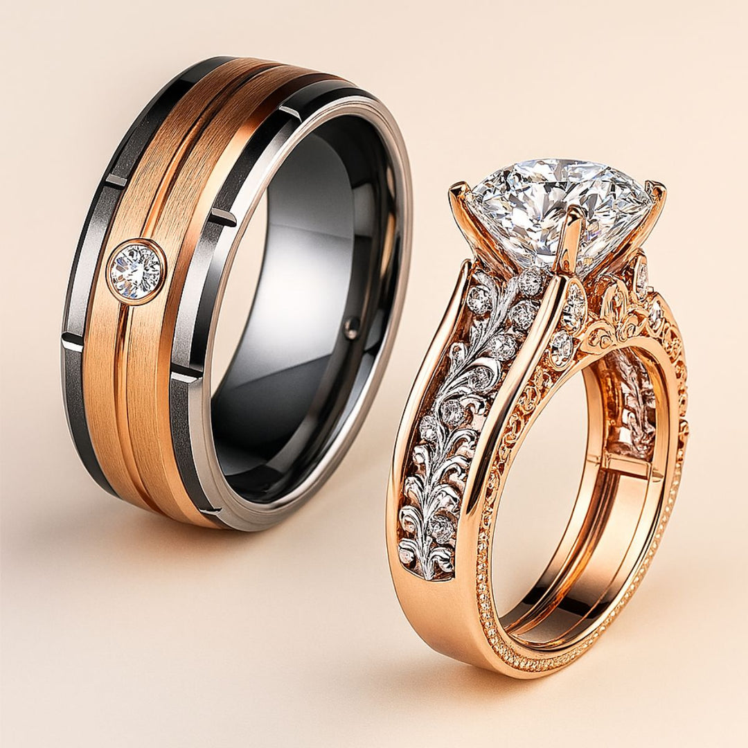 Refined wedding ring duo with brushed tungsten men's band and ornate rose gold women’s engagement ring adorned with vintage filigree and diamonds – CouplesChoices.com Pure Love Set