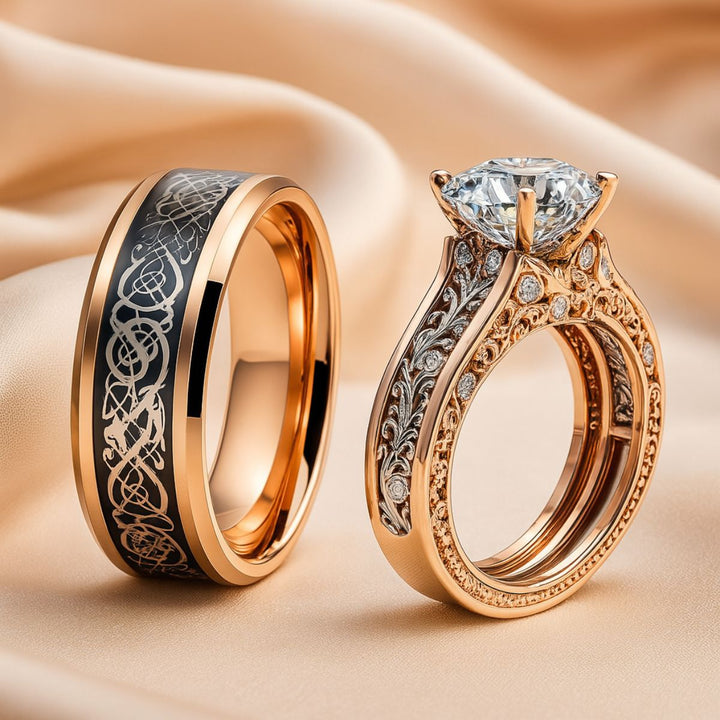 Romantic Love Rings by CouplesChoices.com, featuring a rose gold bridal set with a round-cut center stone, diamond-accented scrollwork, and a matching men’s band with black Celtic engraving.