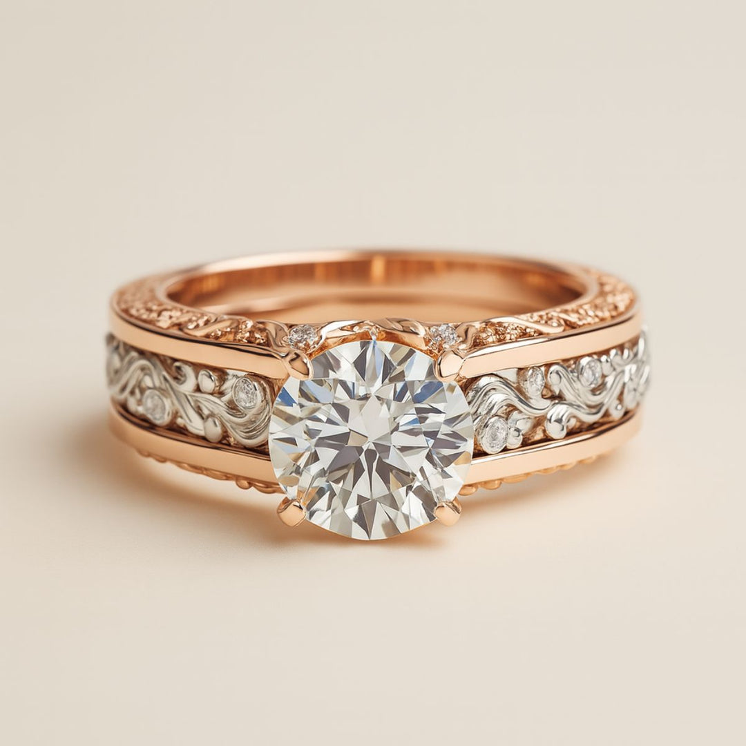 Romantic Love Rings by CouplesChoices.com, featuring a rose gold bridal set with a round-cut center stone, diamond-accented scrollwork, and a matching men’s band with black Celtic engraving.