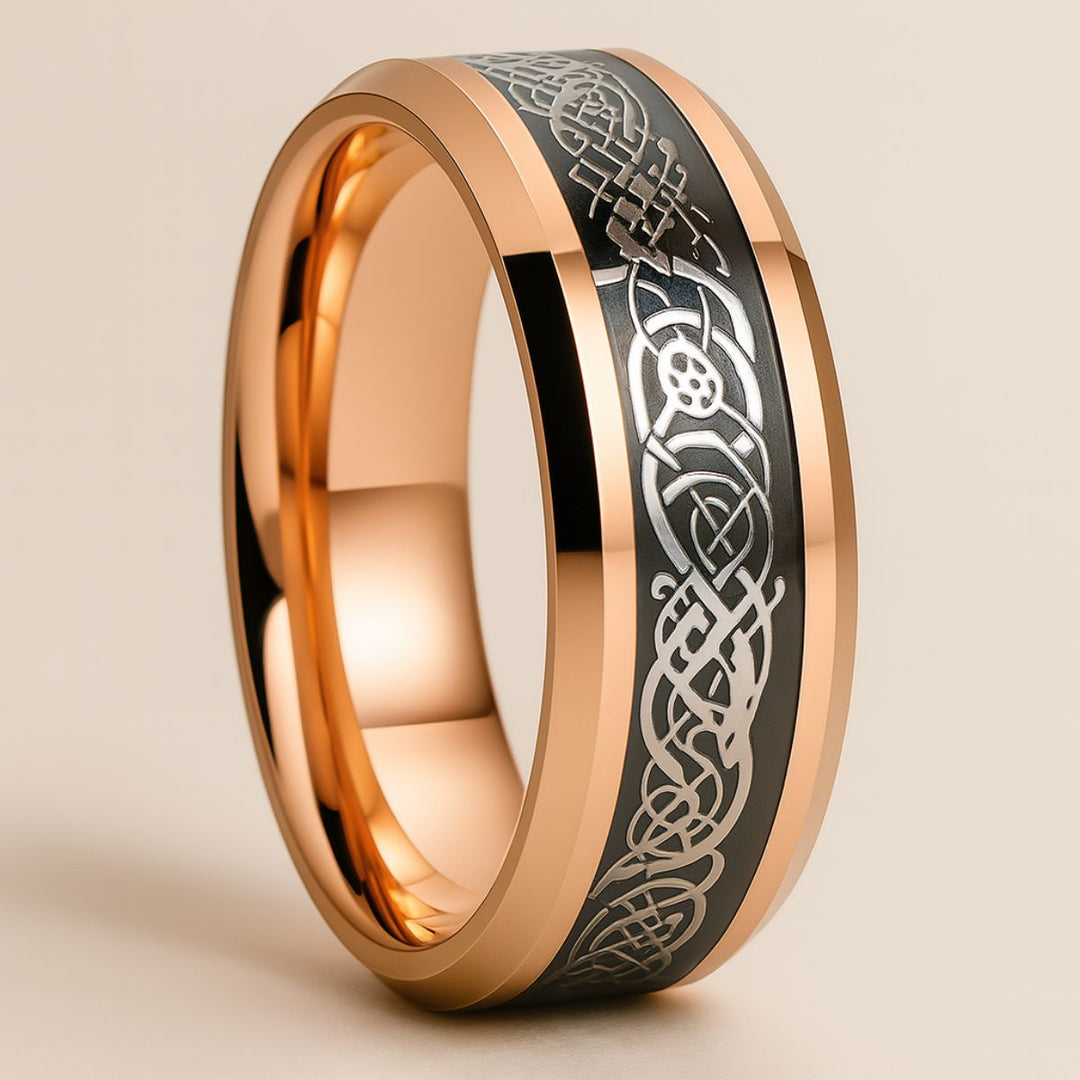 Romantic Love Rings by CouplesChoices.com, featuring a rose gold bridal set with a round-cut center stone, diamond-accented scrollwork, and a matching men’s band with black Celtic engraving.
