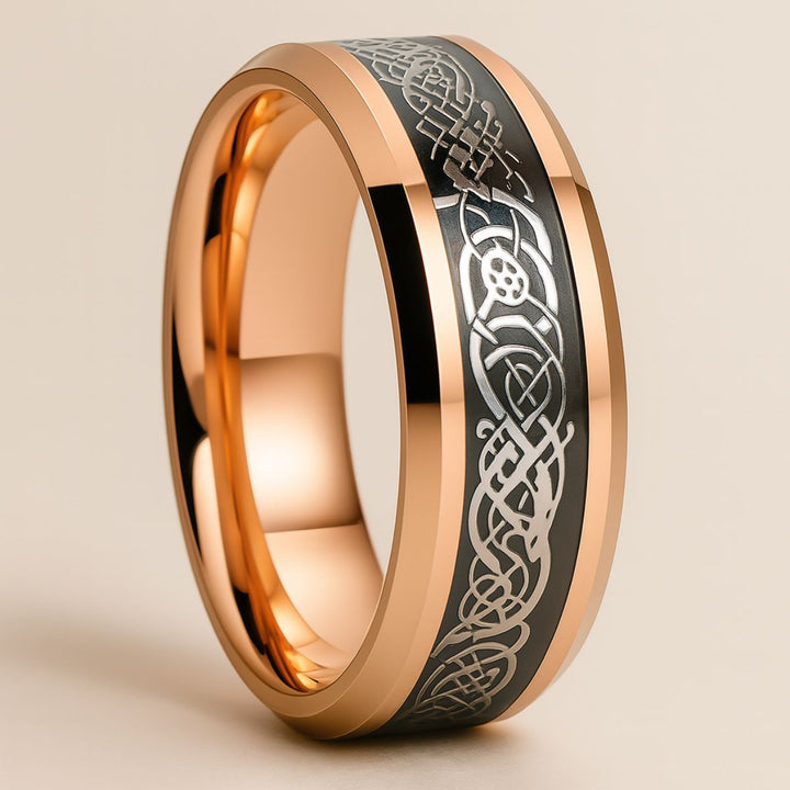 Romantic Love Rings by CouplesChoices.com, featuring a rose gold bridal set with a round-cut center stone, diamond-accented scrollwork, and a matching men’s band with black Celtic engraving.