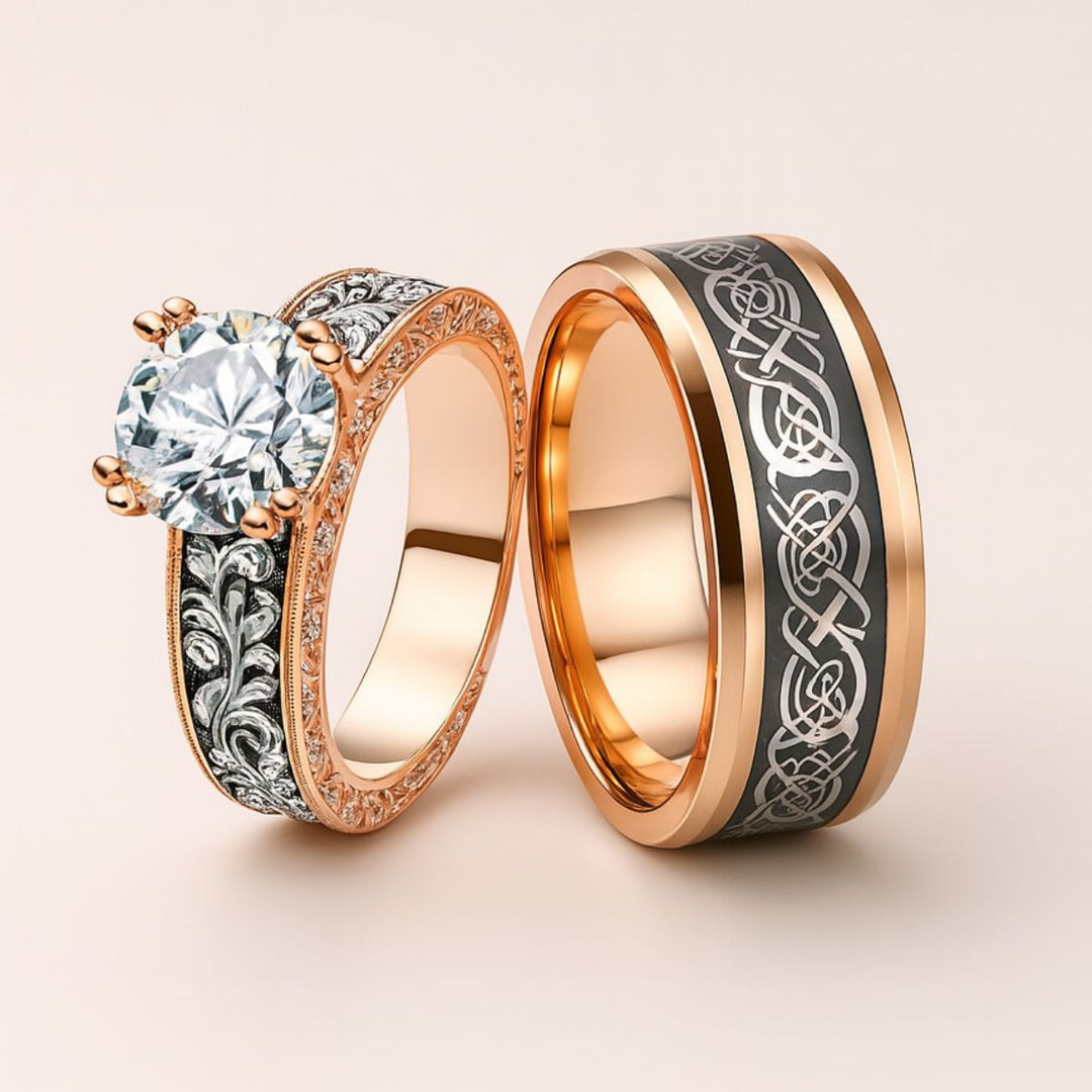 Romantic Love Rings by CouplesChoices.com, featuring a rose gold bridal set with a round-cut center stone, diamond-accented scrollwork, and a matching men’s band with black Celtic engraving.