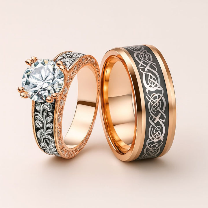 Romantic Love Rings by CouplesChoices.com, featuring a rose gold bridal set with a round-cut center stone, diamond-accented scrollwork, and a matching men’s band with black Celtic engraving.