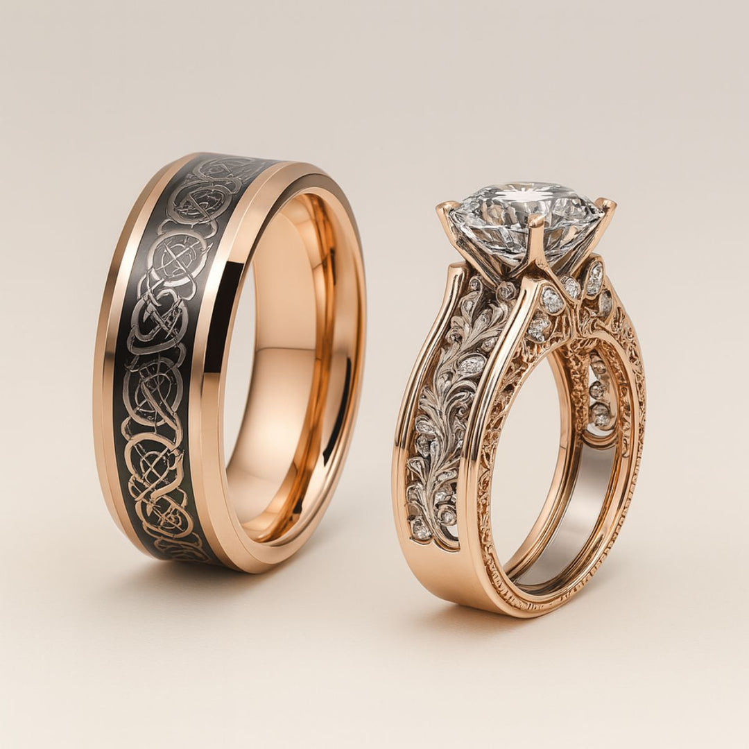 Romantic Love Rings by CouplesChoices.com, featuring a rose gold bridal set with a round-cut center stone, diamond-accented scrollwork, and a matching men’s band with black Celtic engraving.