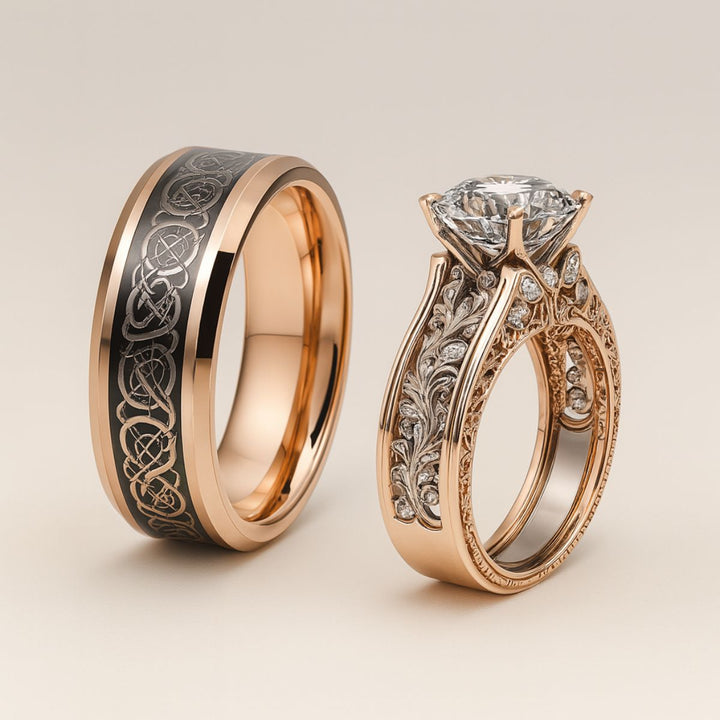 Romantic Love Rings by CouplesChoices.com, featuring a rose gold bridal set with a round-cut center stone, diamond-accented scrollwork, and a matching men’s band with black Celtic engraving.