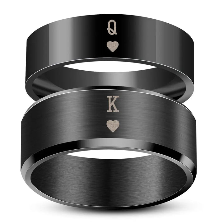 Sleek black Obsession Rings by CouplesChoices.com featuring engraved King and Queen of Hearts symbols—perfectly paired for modern lovers who rule each other’s world.