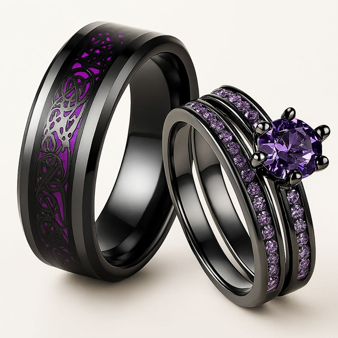 Striking black-plated rings with deep amethyst accents and a bold violet solitaire—Lilac Blossom Rings from CouplesChoices.com blend dark romance with contemporary allure.