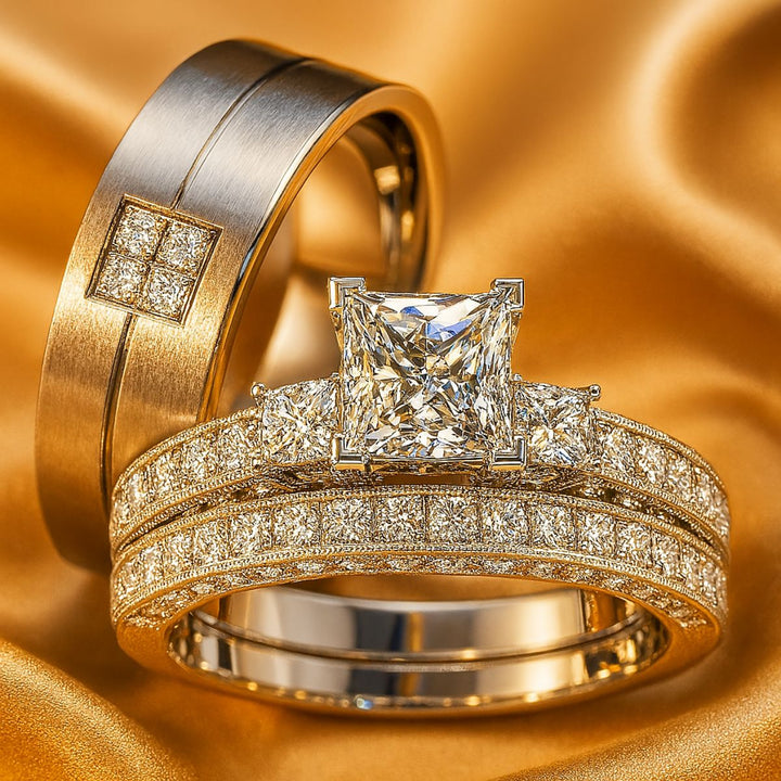 Timelessly elegant Honey Moon Rings by CouplesChoices.com, featuring a princess-cut centerpiece flanked by dazzling side stones, perfectly paired with a sleek men’s band adorned with a square cluster of pavé diamonds.