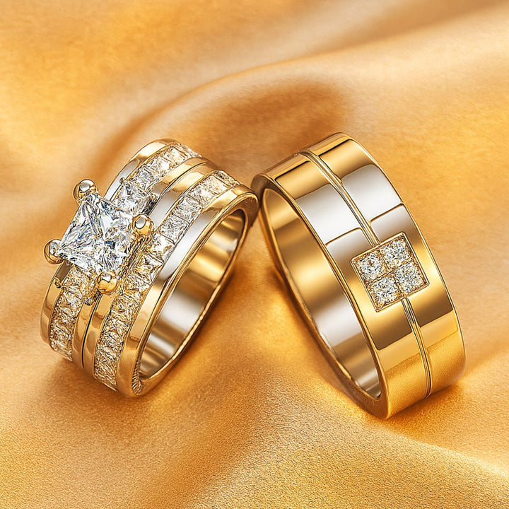 Timelessly elegant Honey Moon Rings by CouplesChoices.com, featuring a princess-cut centerpiece flanked by dazzling side stones, perfectly paired with a sleek men’s band adorned with a square cluster of pavé diamonds.