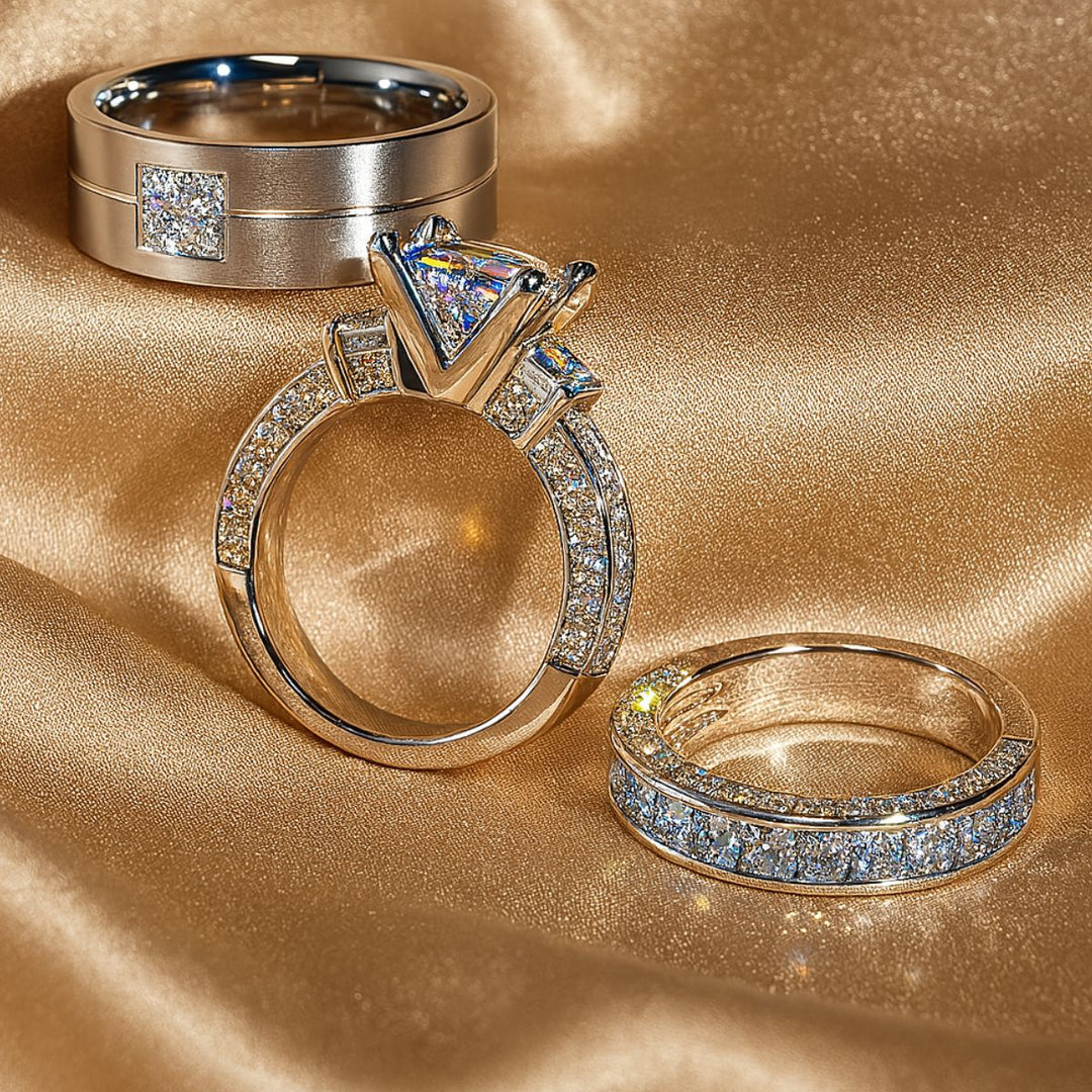Timelessly elegant Honey Moon Rings by CouplesChoices.com, featuring a princess-cut centerpiece flanked by dazzling side stones, perfectly paired with a sleek men’s band adorned with a square cluster of pavé diamonds.