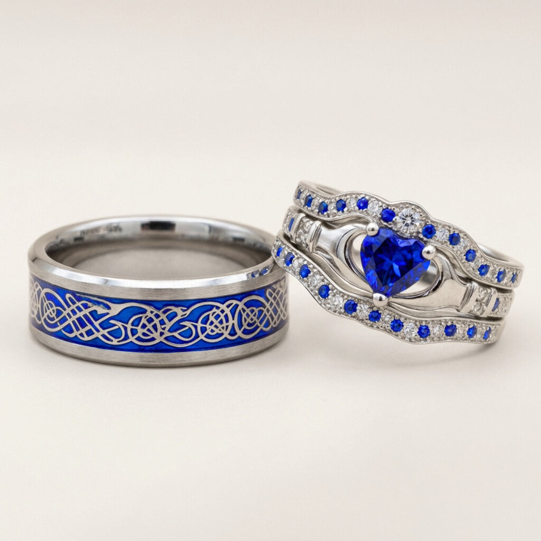 Mathing Rings Snap Heart Deep Love Sapphire Heart Matching Rings for Couples – Couples Choices