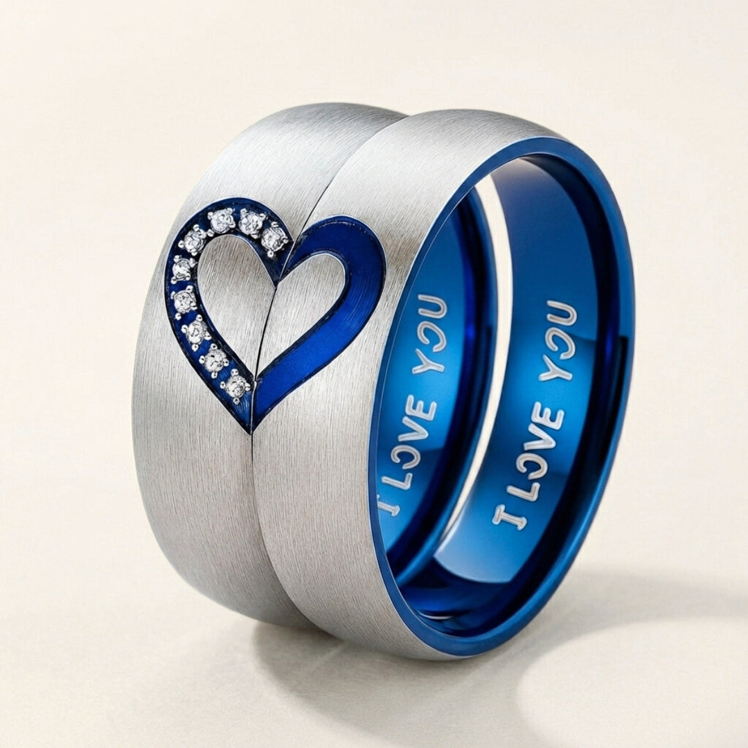 Mathing Rings Snap Heart Blue Heart Matching Tungsten Couple Rings – Couples Choices