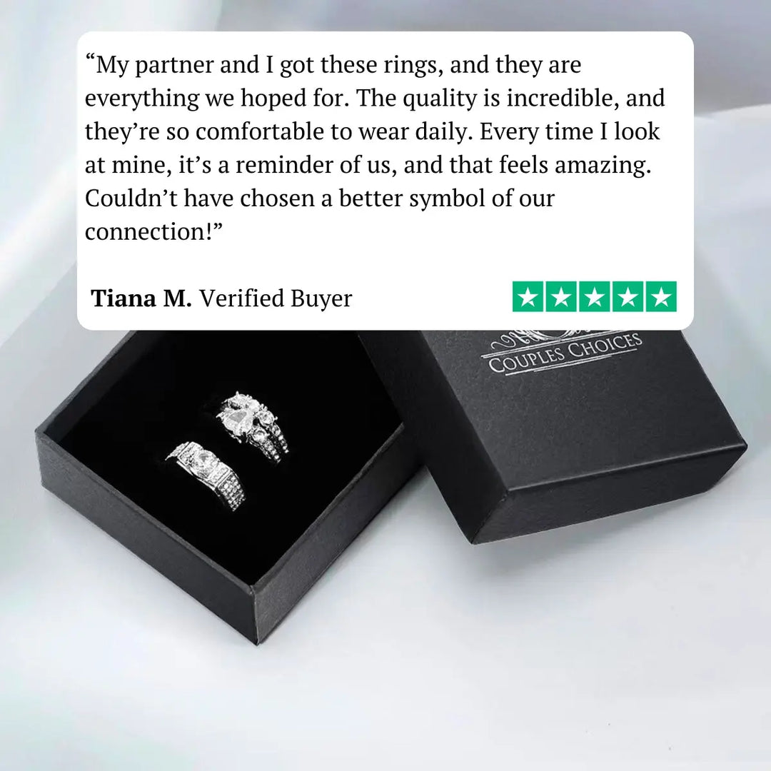 Verified 5-Star Trustpilot Review Featuring Matching Couples Rings in Premium Gift Box from CouplesChoices 
