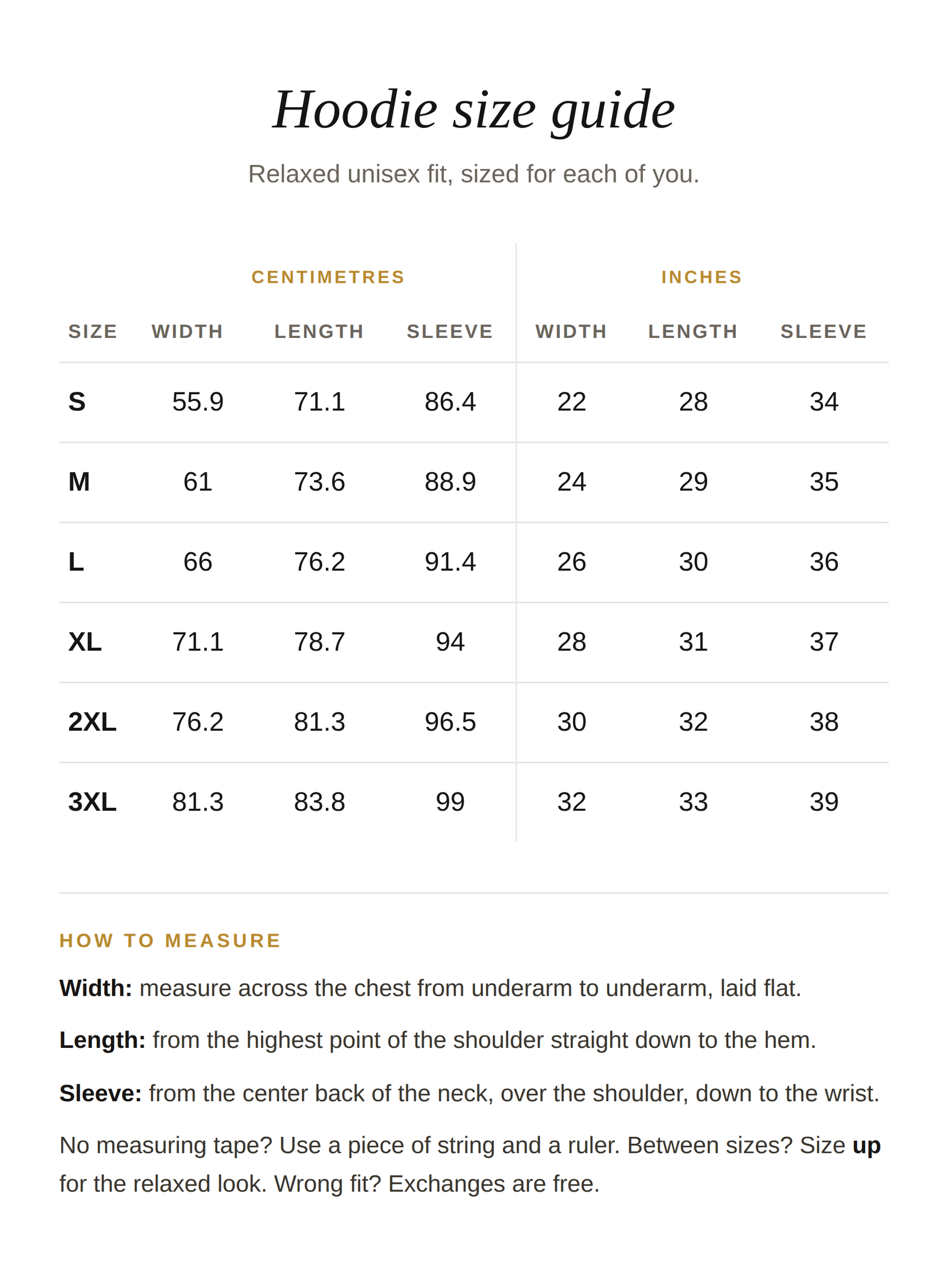 Size guide for Royal King & Queen Hoodies