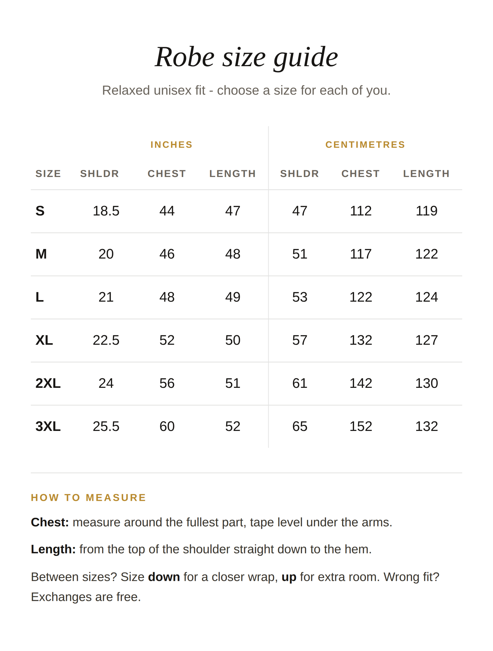 Size guide for Blue King & Queen Bathrobes