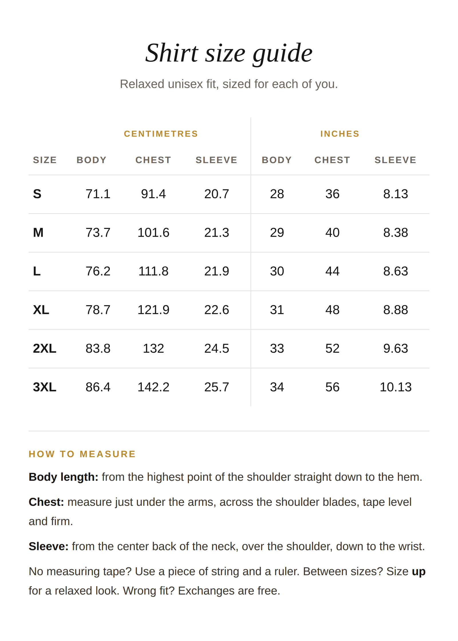 Size guide for His Beard & Her Butt Shirts