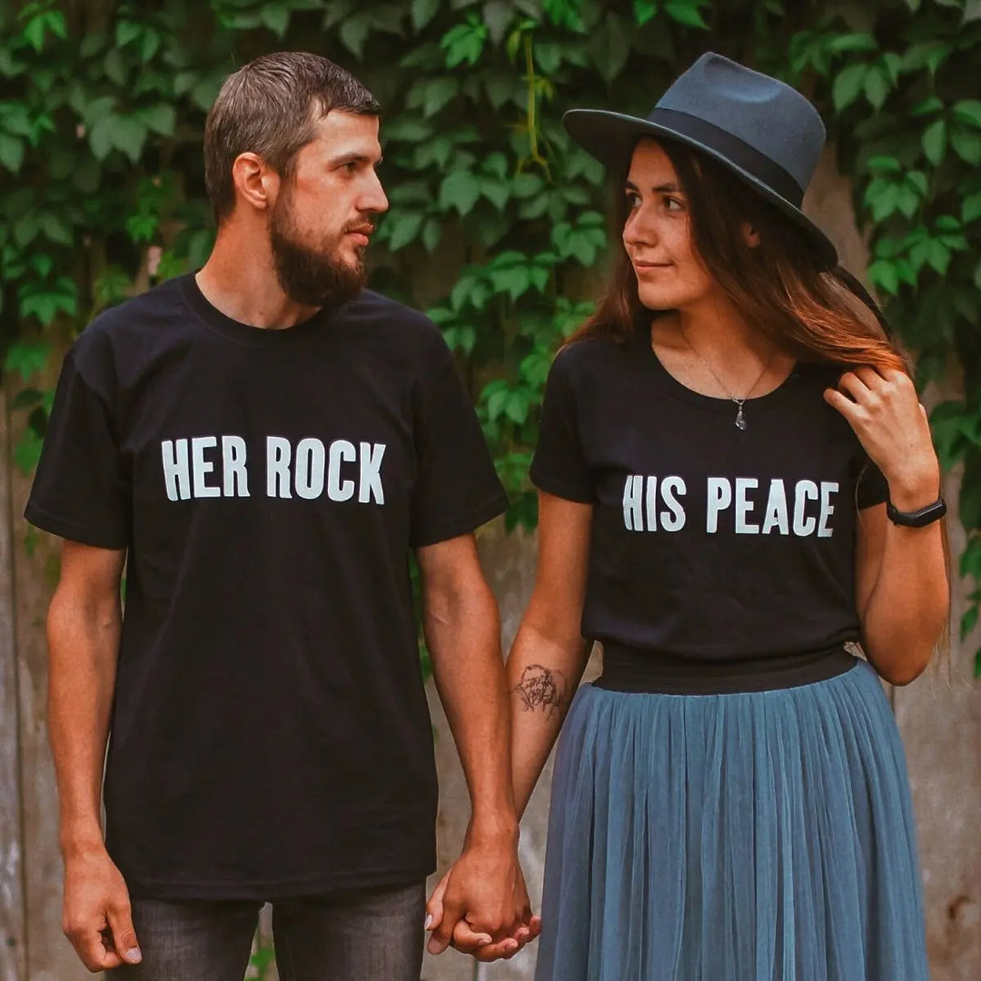 CouplesChoices.com 'Her Rock' & 'His Peace' shirts—bold matching tees for couples who embody strength and serenity. A perfect statement of balance, loyalty, and lasting love.