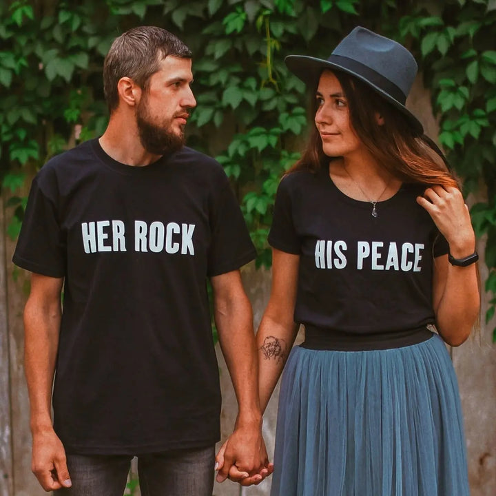 CouplesChoices.com 'Her Rock' & 'His Peace' shirts—bold matching tees for couples who embody strength and serenity. A perfect statement of balance, loyalty, and lasting love.