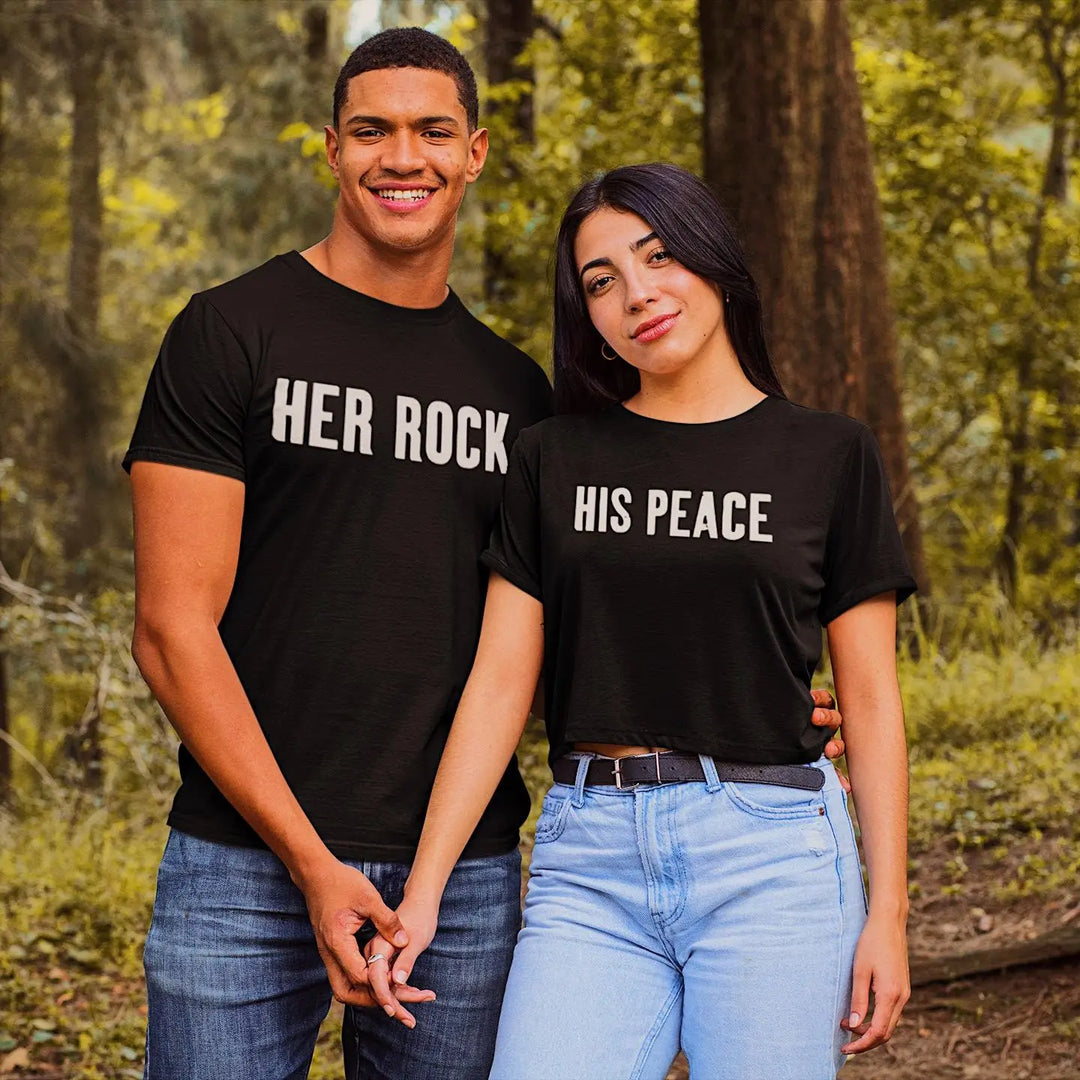 CouplesChoices.com 'Her Rock' & 'His Peace' shirts—bold matching tees for couples who embody strength and serenity. A perfect statement of balance, loyalty, and lasting love.