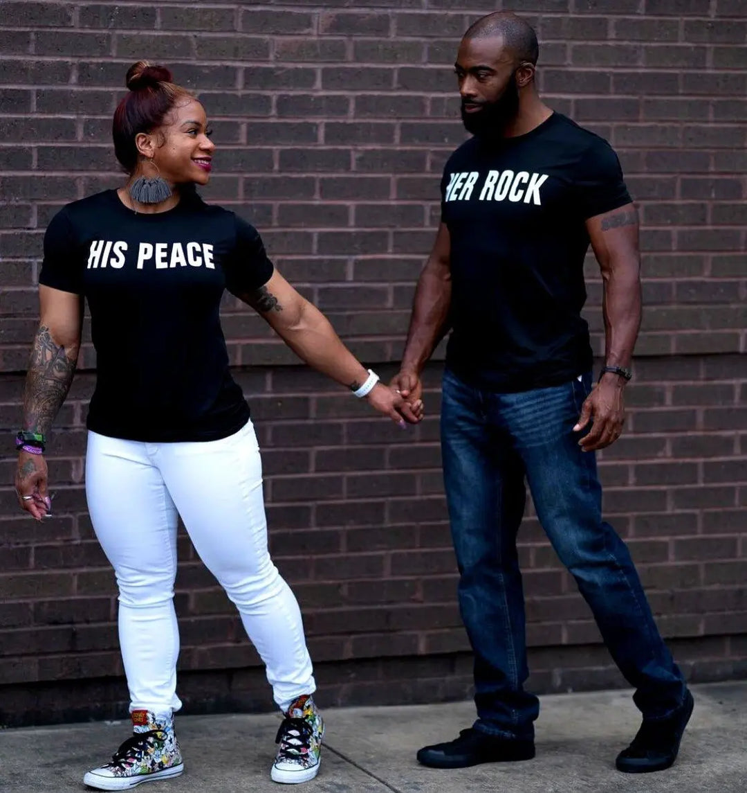CouplesChoices.com 'Her Rock' & 'His Peace' shirts—bold matching tees for couples who embody strength and serenity. A perfect statement of balance, loyalty, and lasting love.