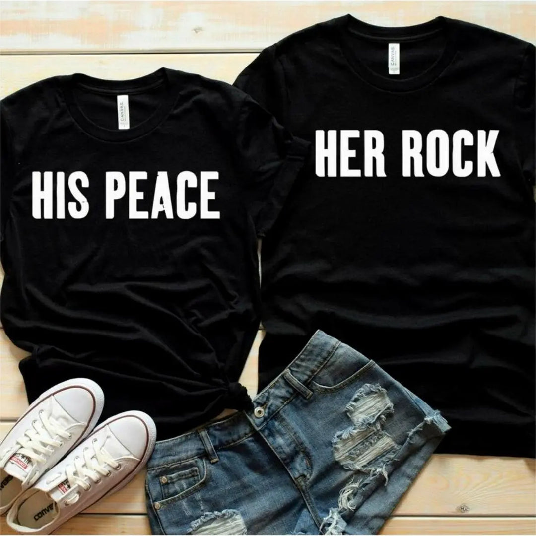 CouplesChoices.com 'Her Rock' & 'His Peace' shirts—bold matching tees for couples who embody strength and serenity. A perfect statement of balance, loyalty, and lasting love.