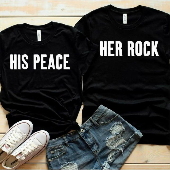 CouplesChoices.com 'Her Rock' & 'His Peace' shirts—bold matching tees for couples who embody strength and serenity. A perfect statement of balance, loyalty, and lasting love.