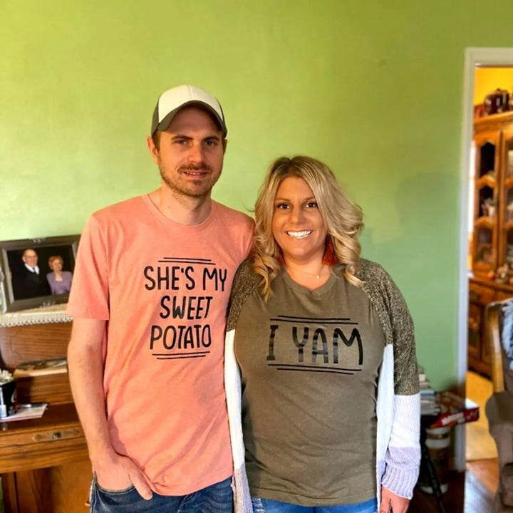 CouplesChoices.com ‘I Yam’ & ‘She’s My Sweet Potato’ shirts—playful, pun-filled matching tees for couples who love laughter, comfort, and showing off their perfectly seasoned love.