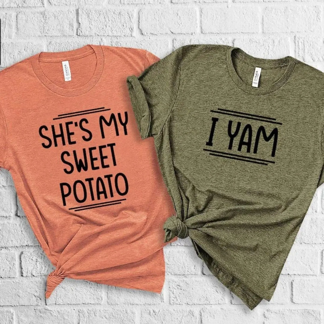 CouplesChoices.com ‘I Yam’ & ‘She’s My Sweet Potato’ shirts—playful, pun-filled matching tees for couples who love laughter, comfort, and showing off their perfectly seasoned love.
